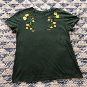 Lucky Brand Green Floral Embroidered Graphic Burnout Tee S P Western Boho Floral